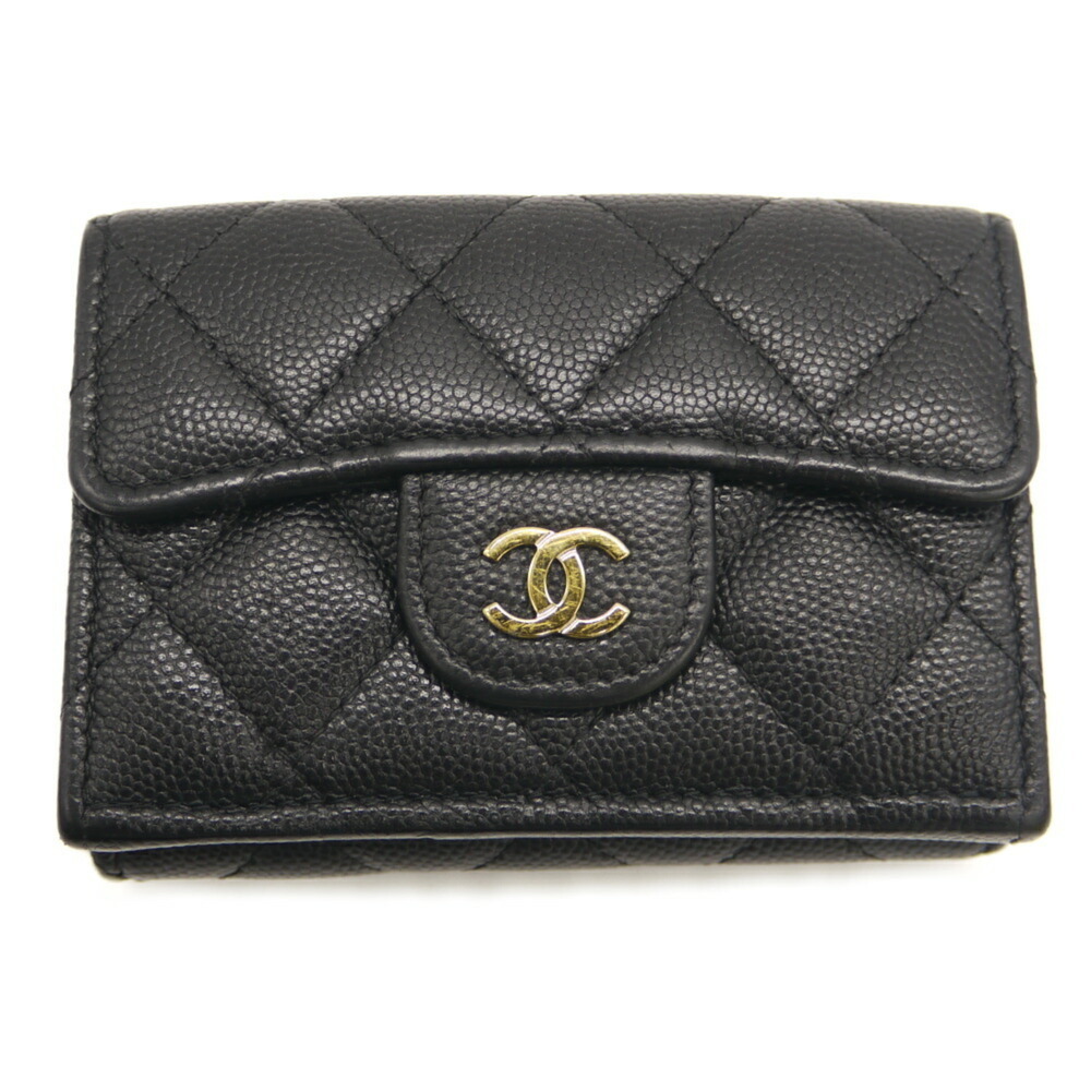 CHANEL Authentic Black Caviar Leather Logo Wallet